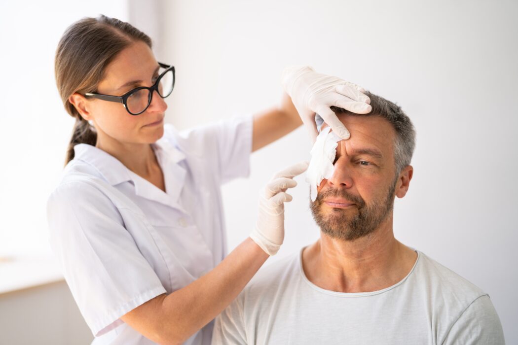Male patient having a medical dressing applied to his right eye by a female medical professional.